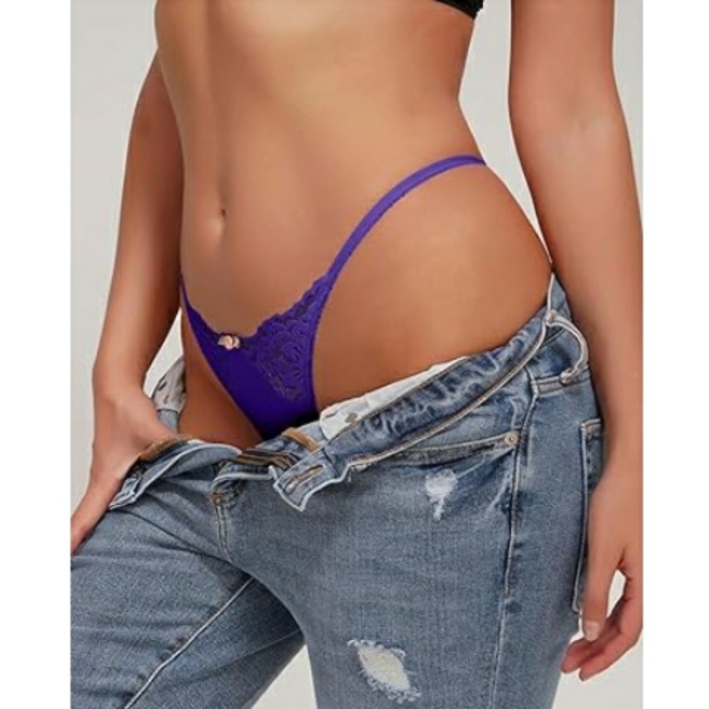 Sexy Underwear Lace Cut Out Thongs Mid Waist Panties Briefs Purple - Picture 5 of 8